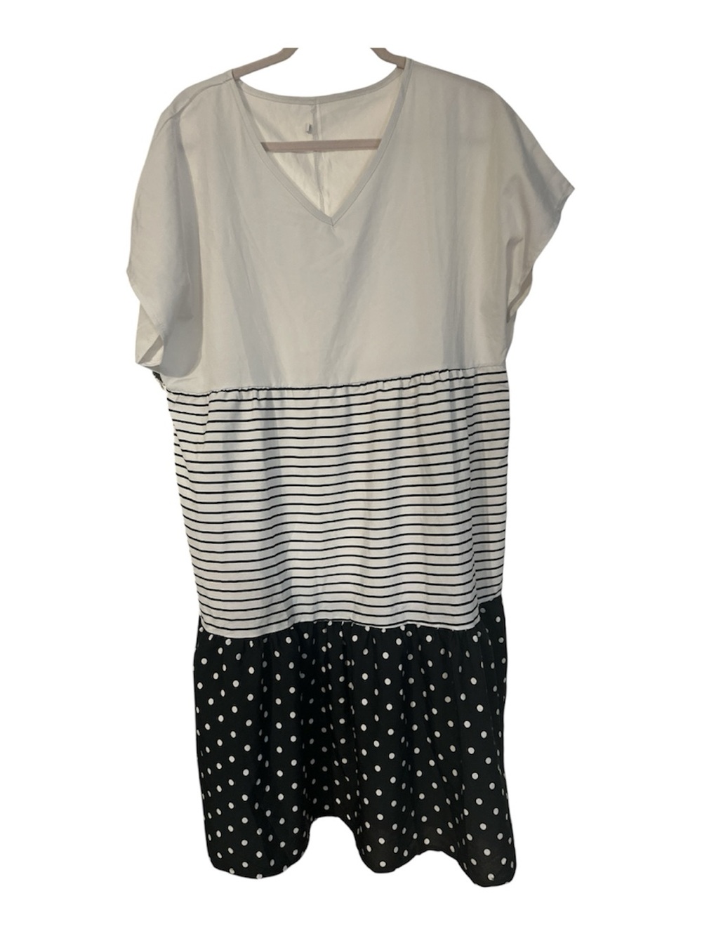 Emery rose Casual V-Neck Midi Dress in White and Black Stripe & Polka Dot 3x new